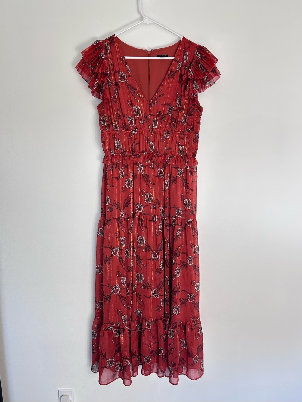 Ann Taylor Rust-Red Metallic Shimmer Floral Maxi Dress - Size 6